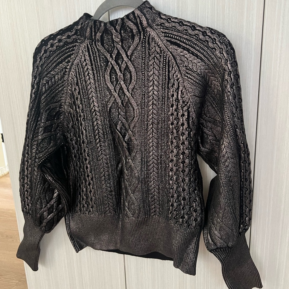 Metallic Cable Knit Mock Neck Sweater